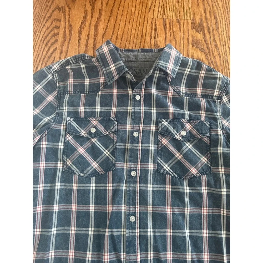 LOSAN Boys Plaid Button Up Shirt Size 14 160 Short Sleeve Blue Check Casual Top